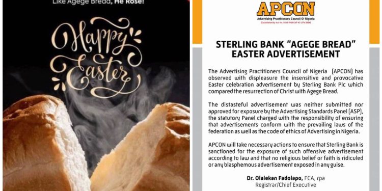 Sterling Bank to face sanctions by APCON over provocative Easter Message “Likening Christ resurrection with Agege Bread”